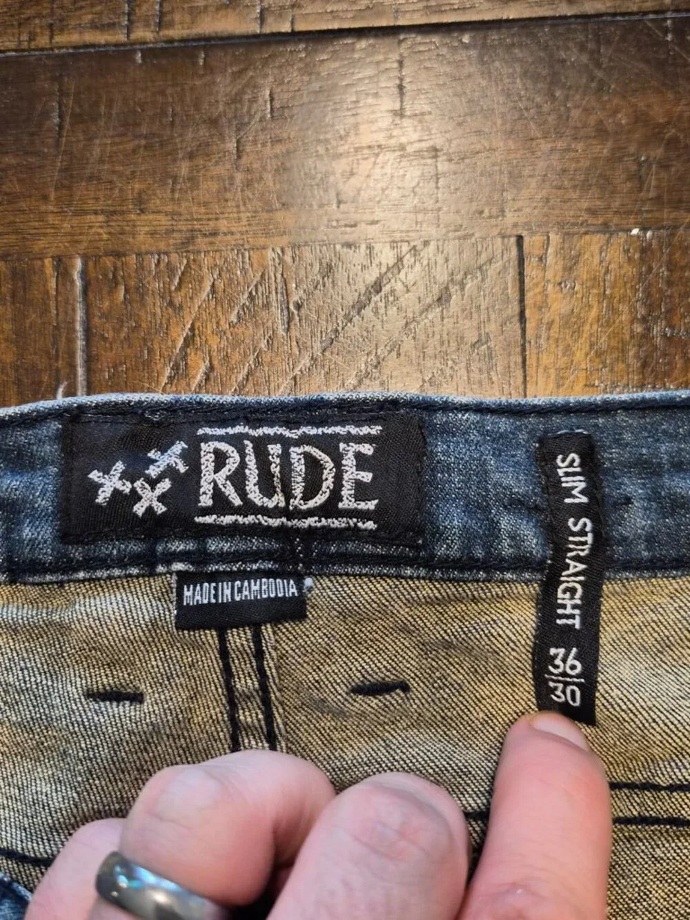 RUDE XXX Slim Straight Mens Jeans Size 36X30 3 Button Blue Dark Wash G597